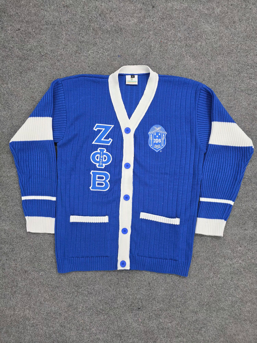 Zeta Phi Beta Royal Cardigan with White Stripes on sleeve with Embroidery