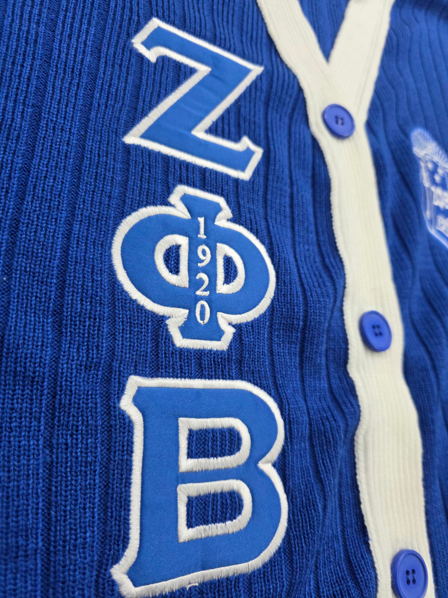 Zeta Phi Beta Royal Cardigan with White Stripes on sleeve with Embroidery