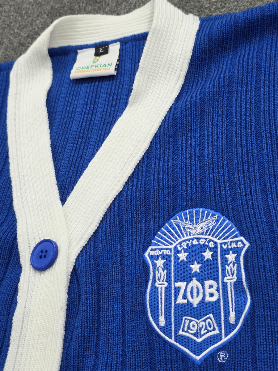Zeta Phi Beta Royal Cardigan with White Stripes on sleeve with Embroidery