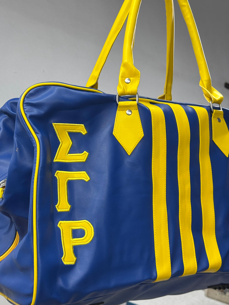 Sigma Gamma Rho 1922 Duffel Bag - Blue & Gold Sorority Bag with Stripes, Embroidered Greek Letters, Faux Leather Travel Gym Bag, SGRho Gift