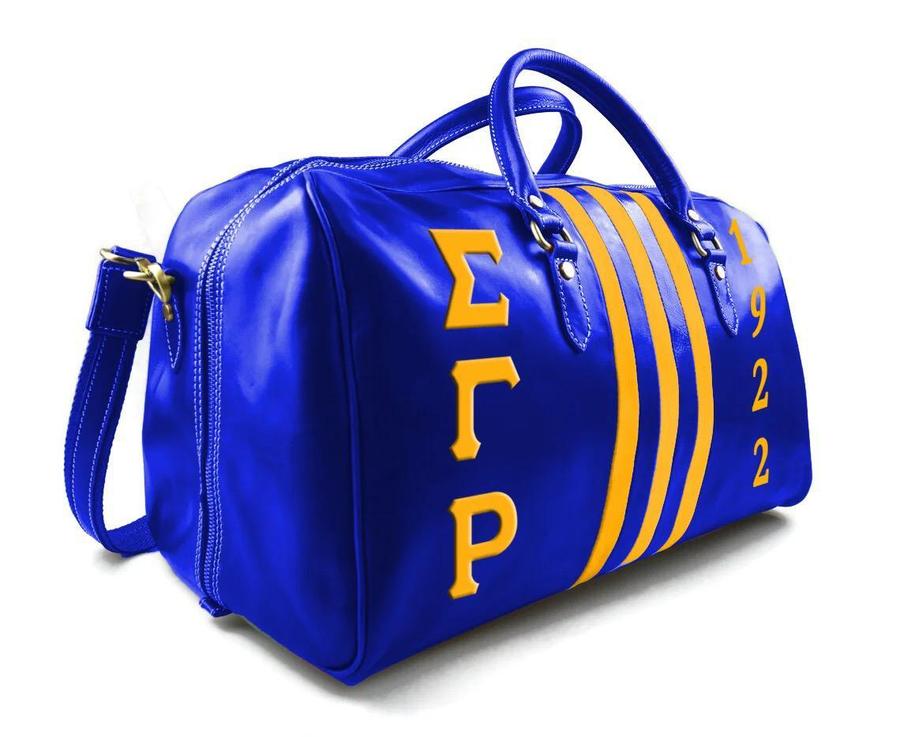 Sigma Gamma Rho 1922 Duffel Bag - Blue & Gold Sorority Bag with Stripes, Embroidered Greek Letters, Faux Leather Travel Gym Bag, SGRho Gift