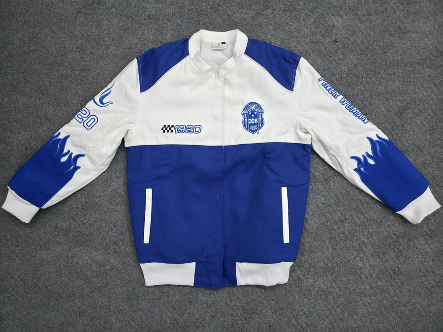 Royal Blue and white Flame Race Jacket, Zeta Phi Beta Racing Bomber Ja ...