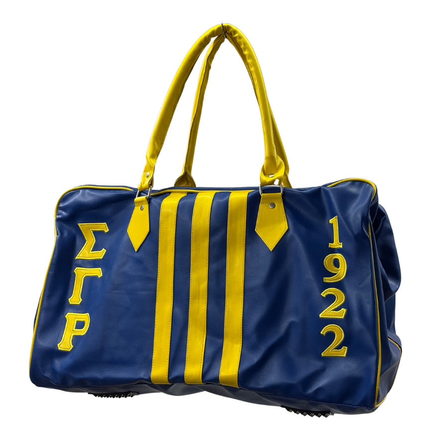 Sigma Gamma Rho 1922 Duffel Bag - Blue & Gold Sorority Bag with Stripes, Embroidered Greek Letters, Faux Leather Travel Gym Bag, SGRho Gift