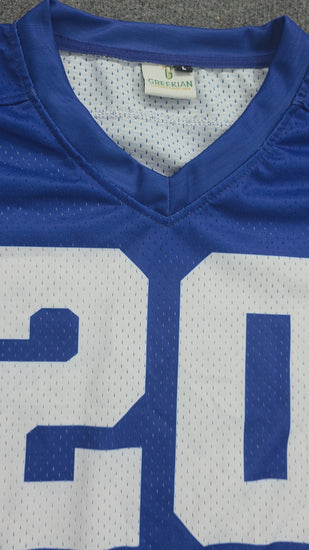 Women’s royal blue and white football-style jersey with long sleeves