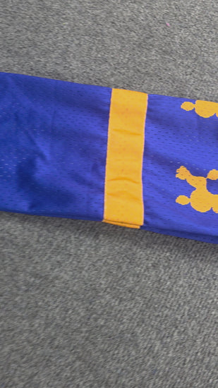 Royal blue and gold long sleeve jersey with number 22 laid flat on gray background