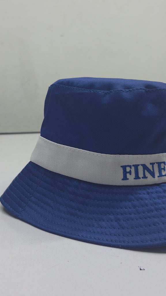 Royal blue Finer Woman bucket hat close-up with visible fabric texture
Blue and white sorority bucket hat showing embroidered text on front band