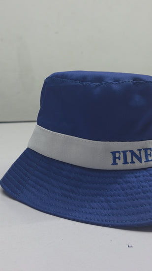 Royal blue Finer Woman bucket hat close-up with visible fabric texture
Blue and white sorority bucket hat showing embroidered text on front band
