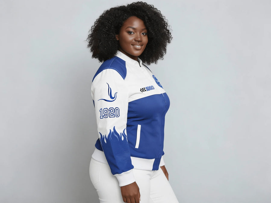 Royal Blue and white Flame Race Jacket, Zeta Phi Beta Racing Bomber Ja ...