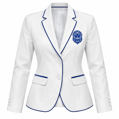 White Zeta Phi Beta sorority blazer with blue piping detail and embroidered ZΦB crest on the chest