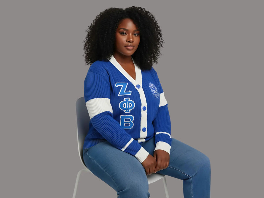 Zeta Phi Beta Royal Cardigan with White Stripes on sleeve with