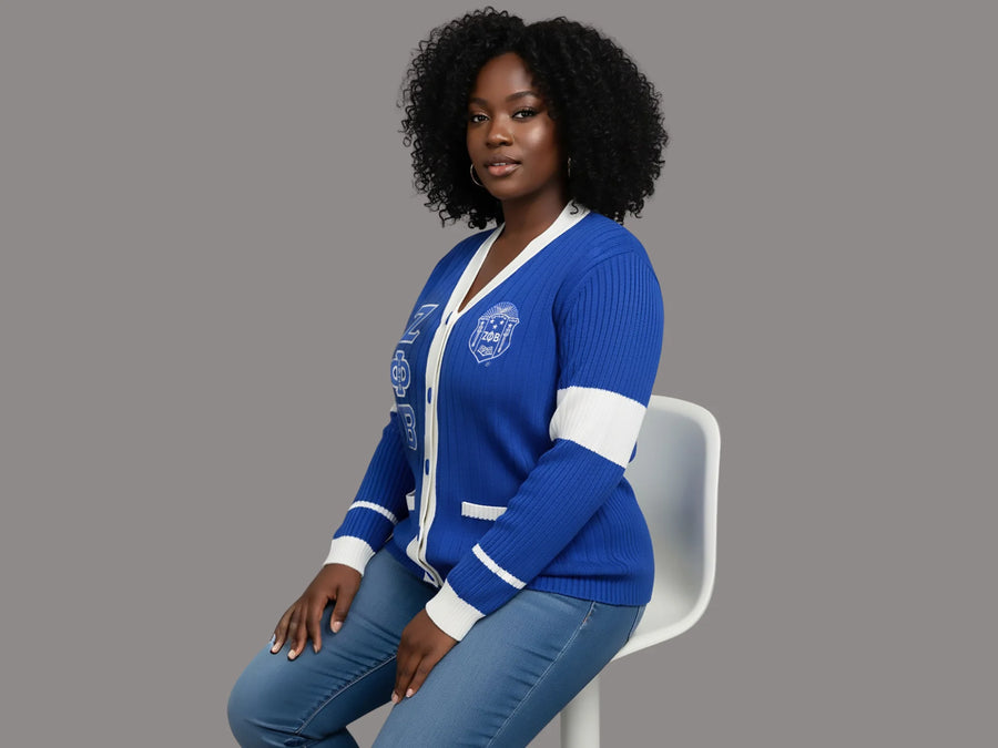 Zeta Phi Beta Royal Cardigan with White Stripes on sleeve with