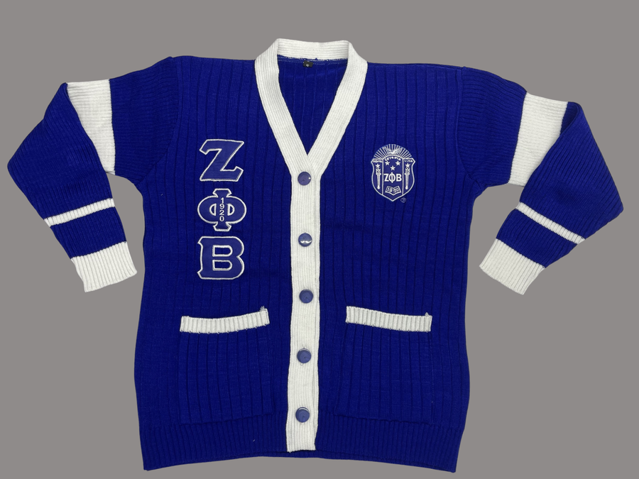 Zeta Phi Beta Royal Cardigan with White Stripes on sleeve with