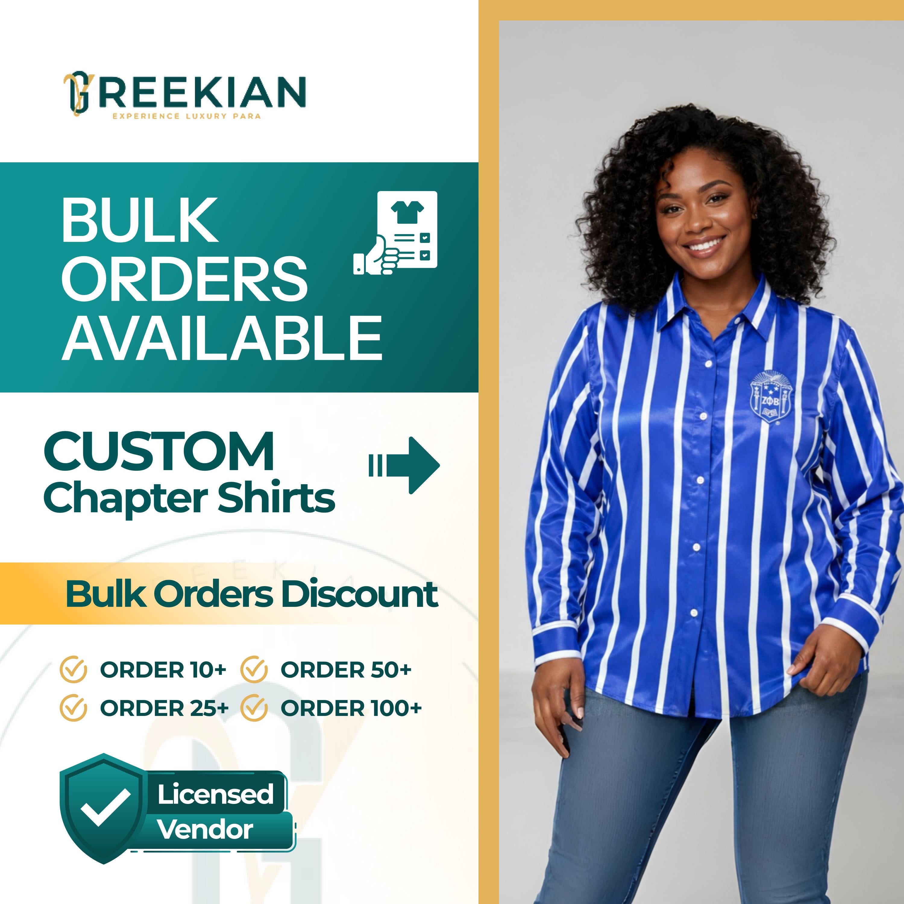 Bulk Orders Available Zeta Phi Beta Striped Satin Button Down Shirt
